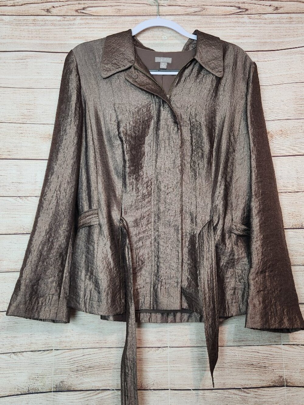 J. Jill Brown Belted Button Zipper Front Blazer Women's Size 14 Nylon/Rayon
